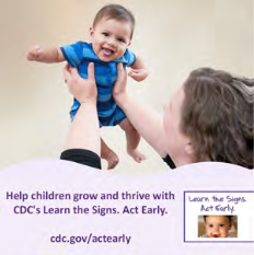 An adult lifts a smiling baby into the air outdoors, with a small CDC Learn the Signs. Act Early banner in the corner.