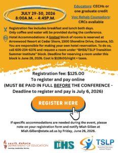 Conference flyer for July 29–30, 2026 from 8:00 AM to 4:45 PM, featuring a prominent “REGISTER HERE” button, a $125 registration fee due by July 6, 2026, accommodation notes, and sponsor logos.