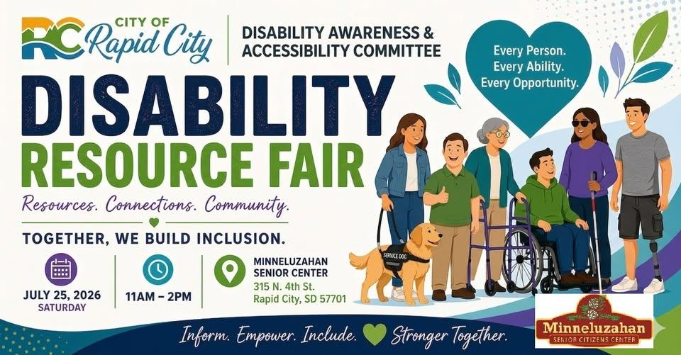 Banner for the City of Rapid City Disability Resource Fair, featuring diverse people including a person in a wheelchair.