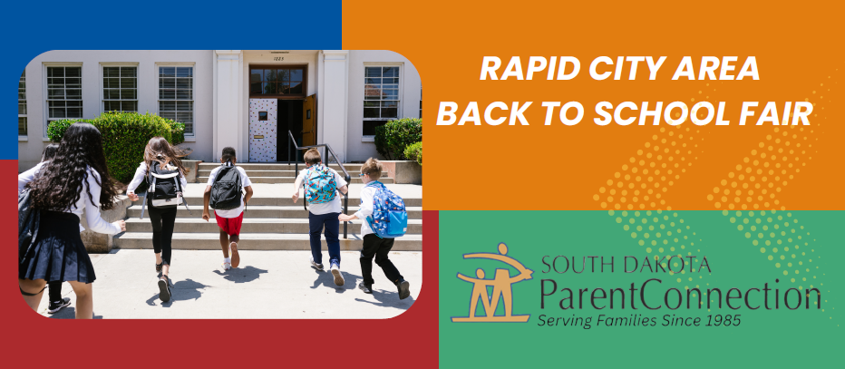 Children with backpacks walk out of a school during the Rapid City Area Back to School Fair, beside a banner for South Dakota ParentConnection.