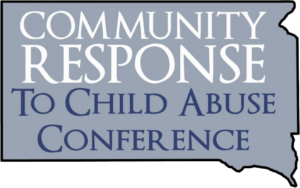 Blue banner graphic with white and dark blue text reading "Community Response to Child Abuse Conference."