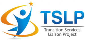 Logo for TSLP Transition Services Liaison Project, featuring a blue abstract human figure with orange swooshes and a star.
