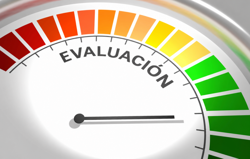 Color-coded evaluation gauge with a red-to-green arc and the word EVALUACIÓN, featuring a black needle.